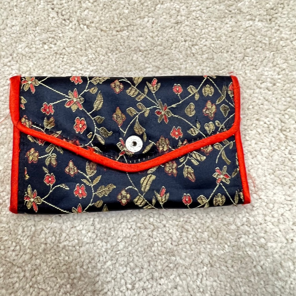 VTG Silk‎ Brocade Small Floral Embroidered Pouch Chinoiserie Boho Trinket Bag